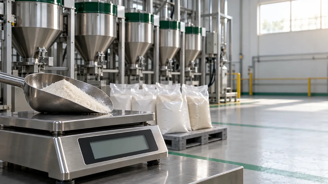 Estação de dosagem de microingredientes com aminoácidos em pó sobre balança de precisão em fábrica de ração