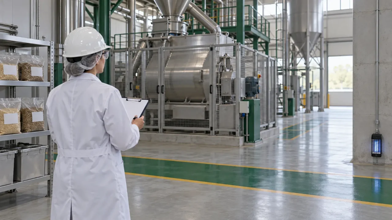 Supervisora de qualidade de costas, com EPI e prancheta, inspeciona área de mistura em fábrica de ração