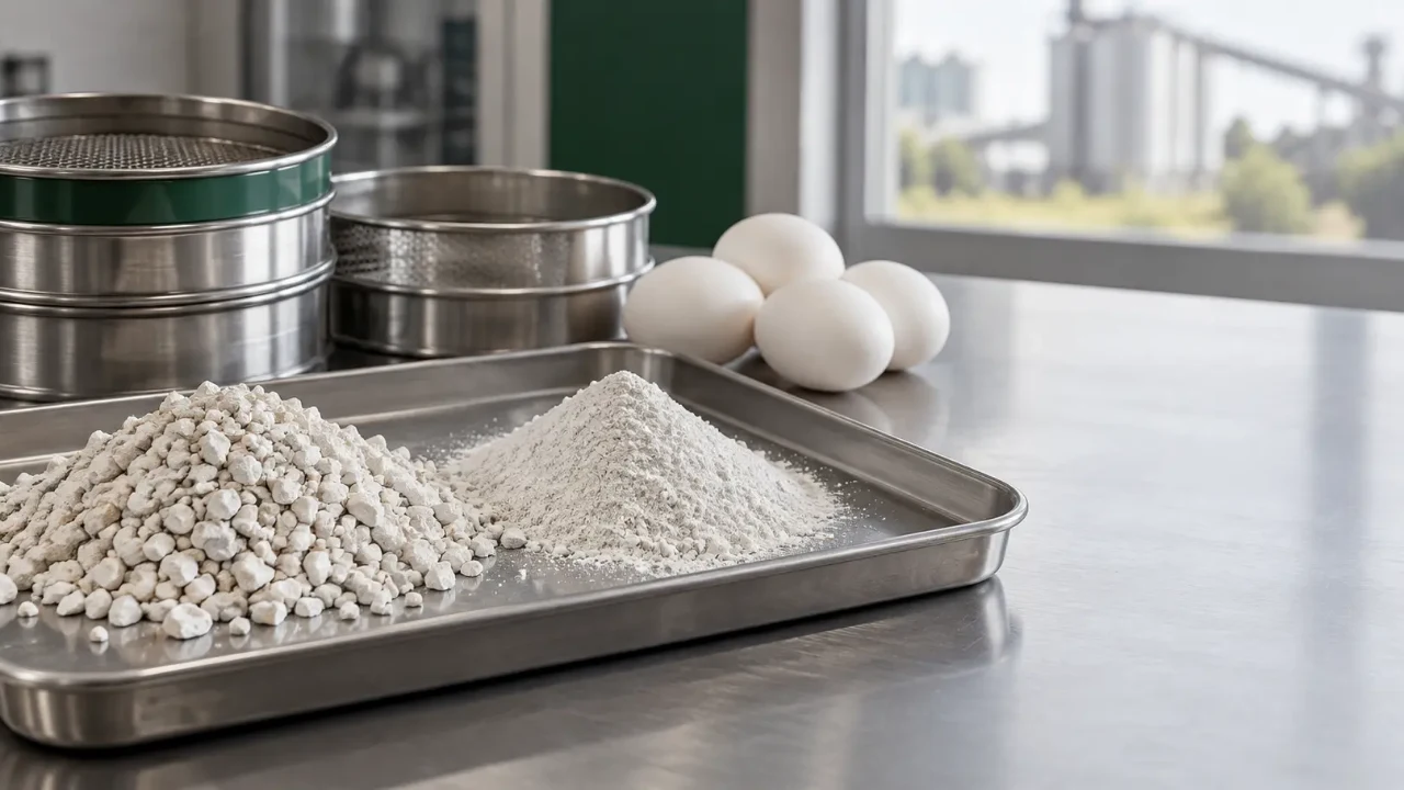 Calcário calcítico grosso e fino em bandeja de amostragem, ao lado de peneiras de laboratório e ovos brancos.