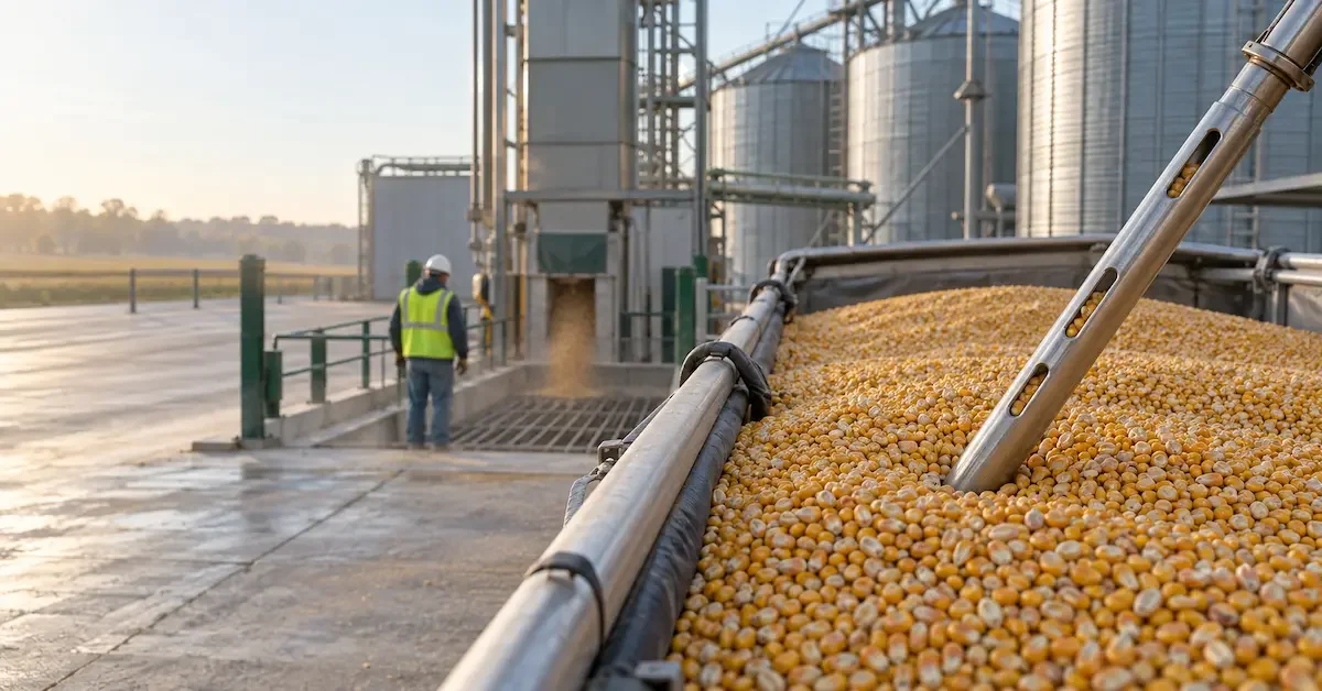 Calador de aço inserido em carga de milho em caminhão, com silos da fábrica de ração ao fundo