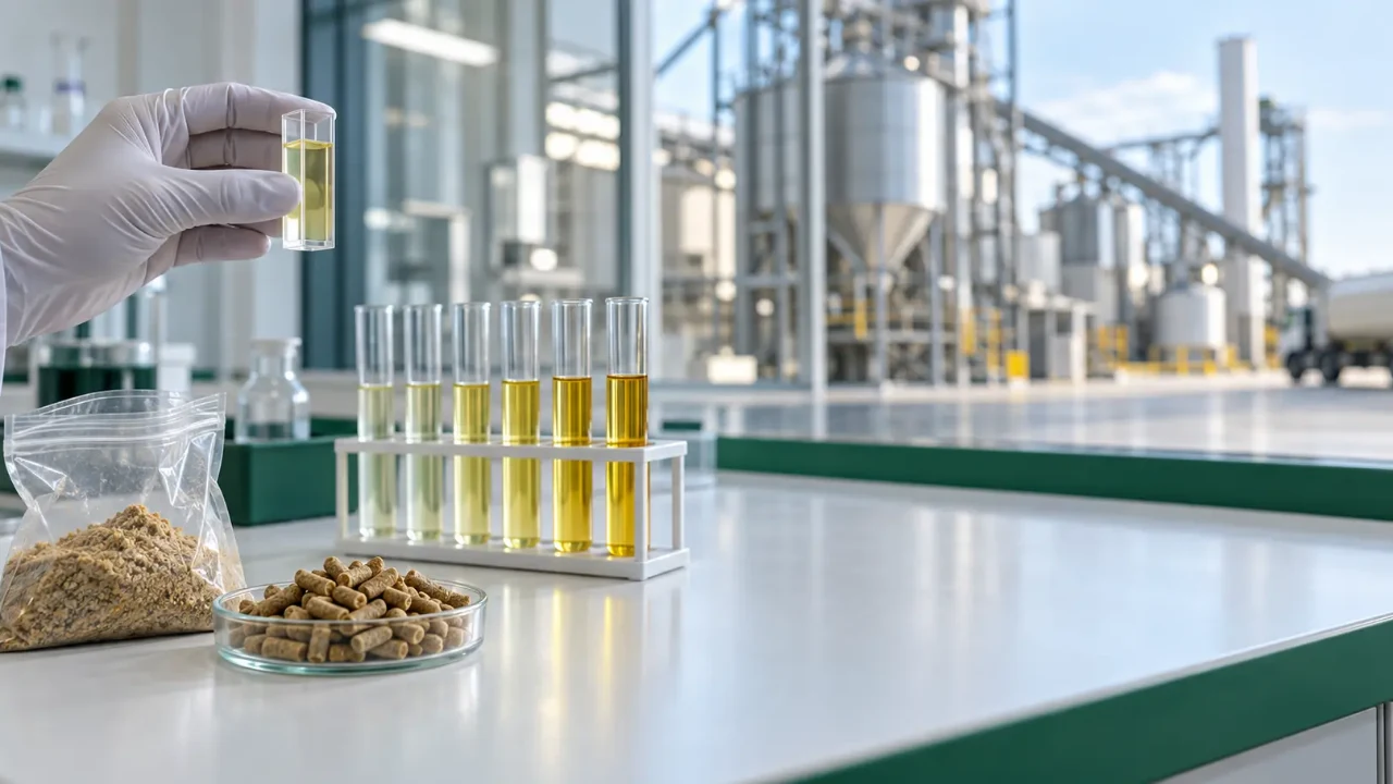 Tubos de ensaio com soluções amarelas e amostra de ração em bancada de laboratório de controle de qualidade