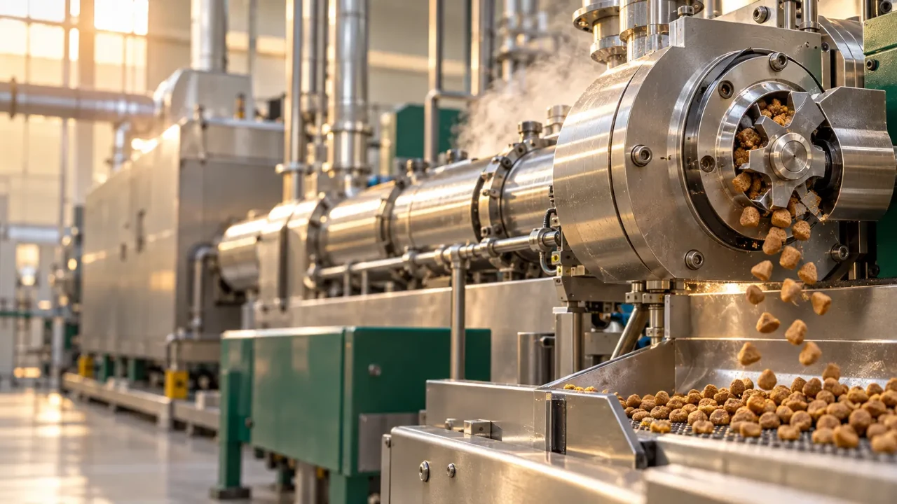 Matriz de extrusora cortando kibbles de ração seca para pet, com vapor e equipamentos desfocados ao fundo