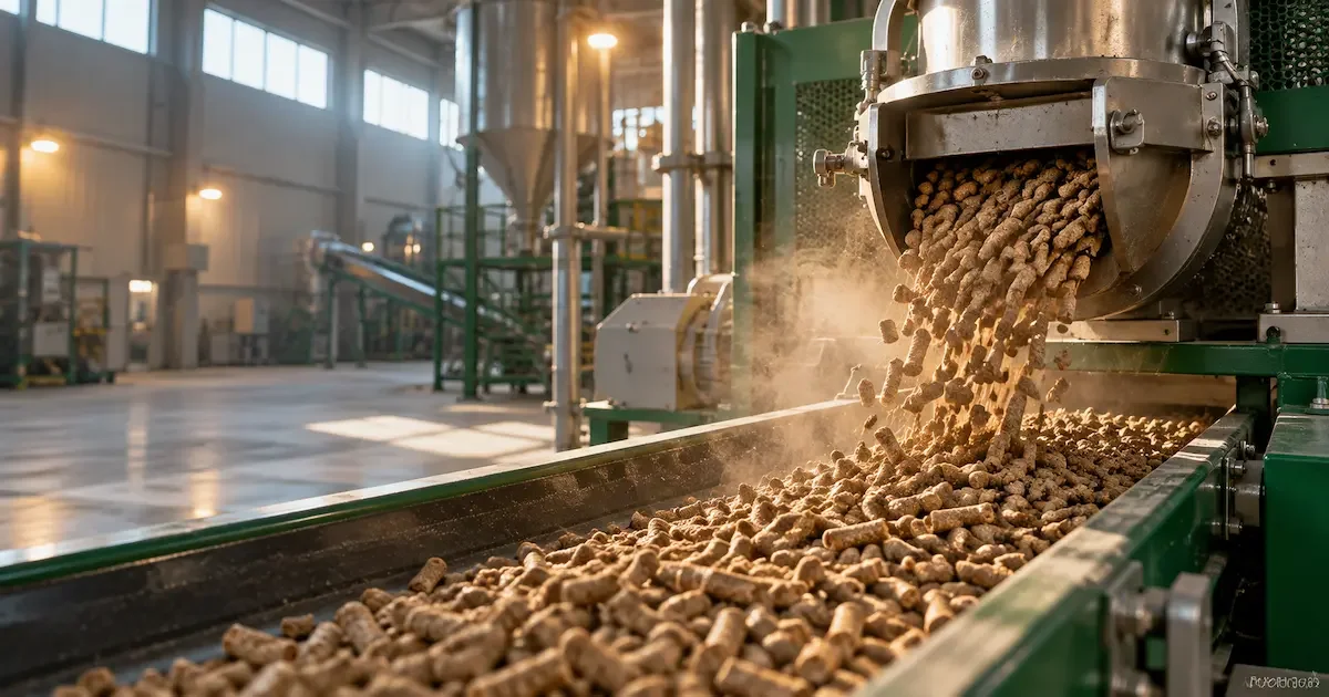 Péletes de ração saindo da matriz de uma peletizadora industrial, com vapor e iluminação lateral em fábrica