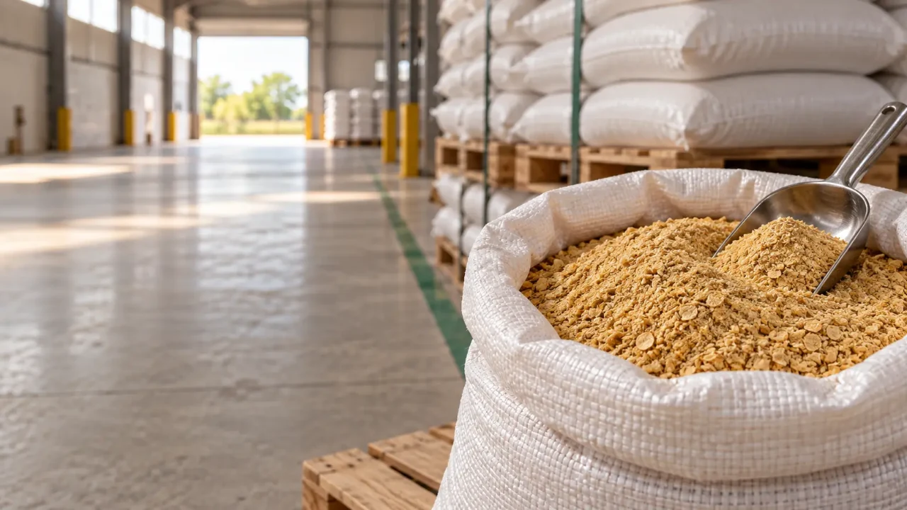 Saco de ráfia aberto com farelo de soja dourado e pá de amostragem diante de pilha de sacos em armazém