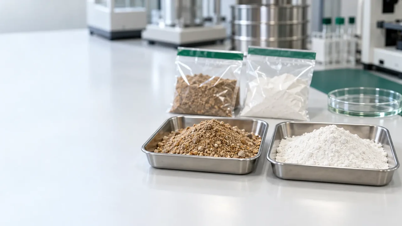 Amostras de farinha de carne e de fosfato mineral em bandejas de inox sobre bancada de laboratório