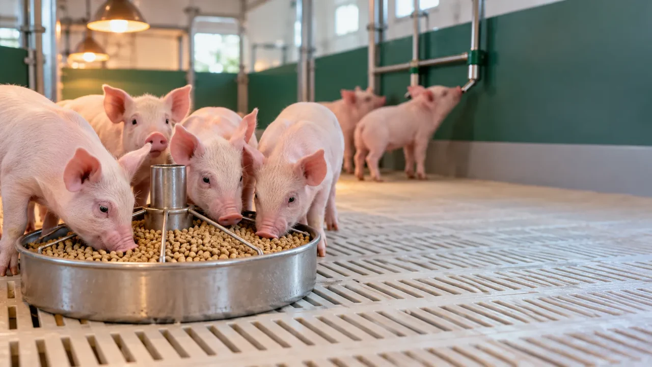 Leitões recém-desmamados em baia de creche comendo minipélete em comedouro redondo de inox