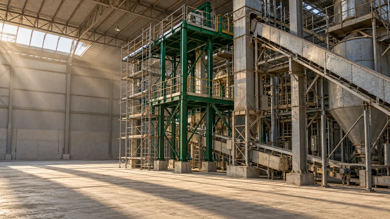 Estrutura metálica nova verde e andaime ao lado de equipamentos galvanizados antigos em fábrica de ração em obra