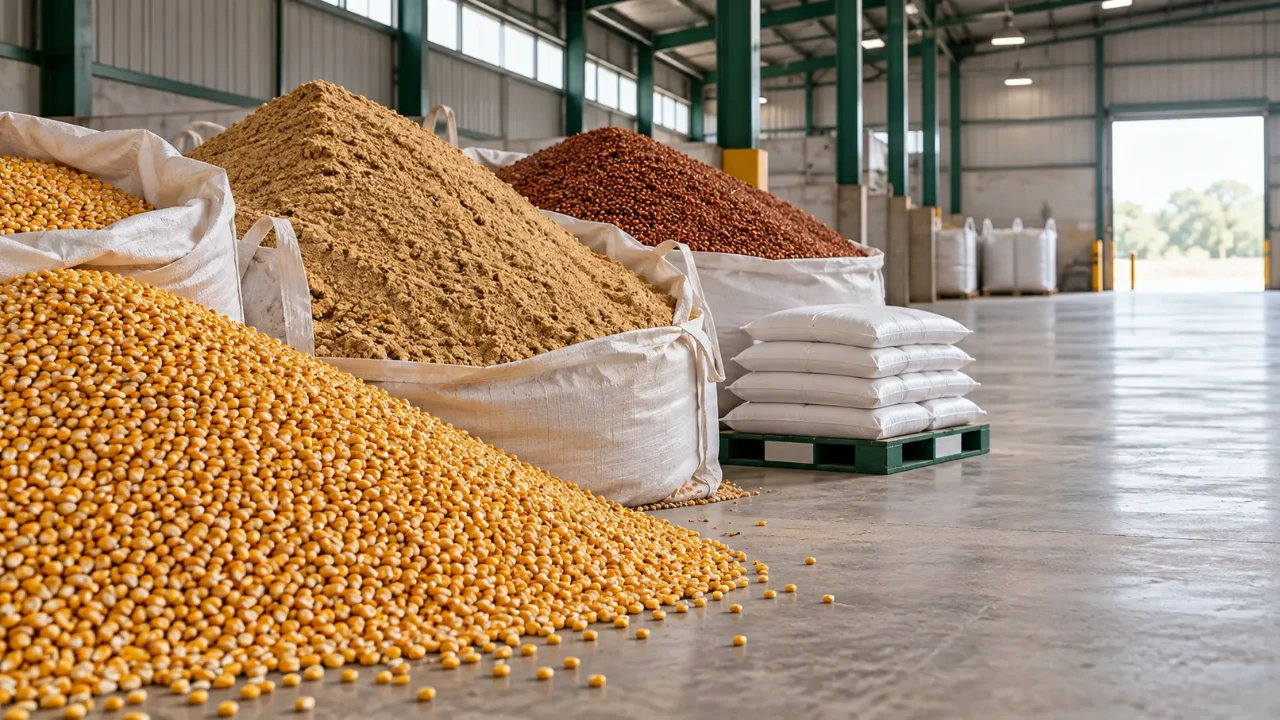 Pilhas de milho, farelo de soja e sorgo em armazém de fábrica de ração, com sacos de premix ao lado