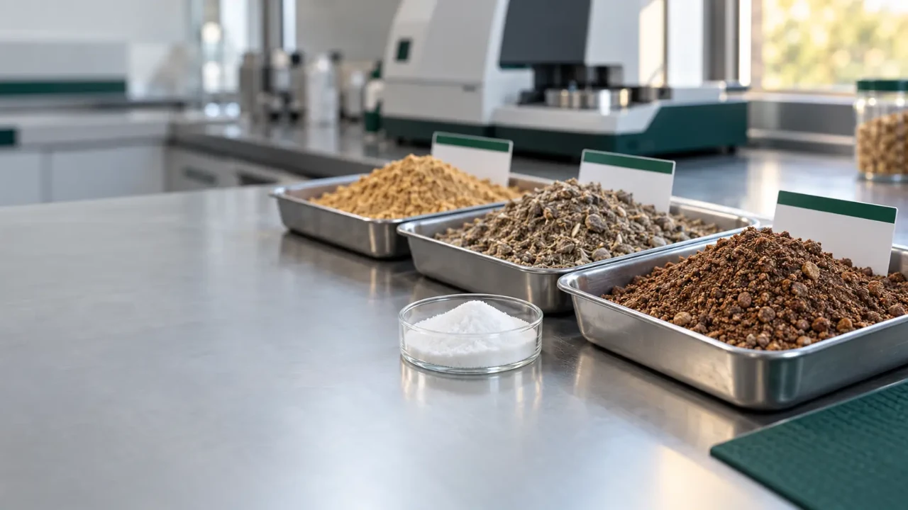Amostras de farelo de soja, farelo de girassol e farinha de carne com aminoácido em pó em bancada de laboratório