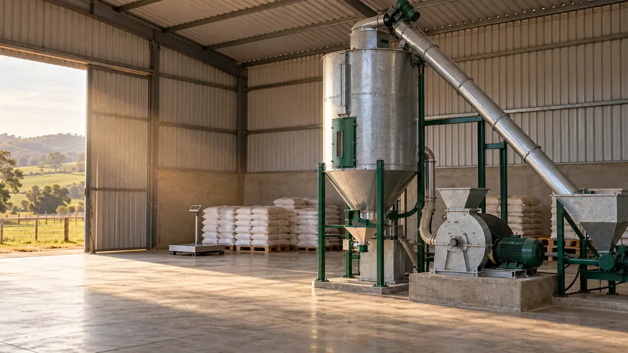 Mini fábrica de ração em galpão rural com misturador vertical, rosca transportadora, moinho e sacaria