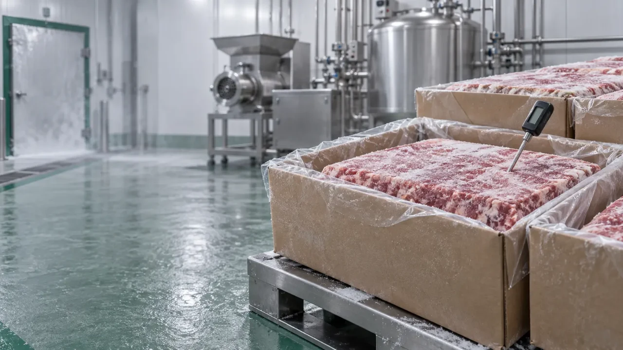Blocos de carne congelada em câmara fria de fábrica de pet food, com termômetro e moedor de aço inox ao fundo