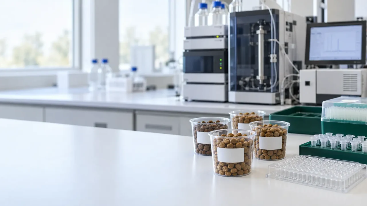 Amostras de ração seca em copos de laboratório ao lado de placa de PCR, em bancada de controle de qualidade