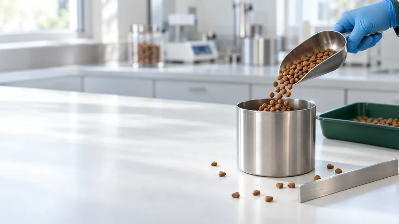 Croquetes de ração seca para gatos despejados em copo de aço para medir densidade aparente em laboratório