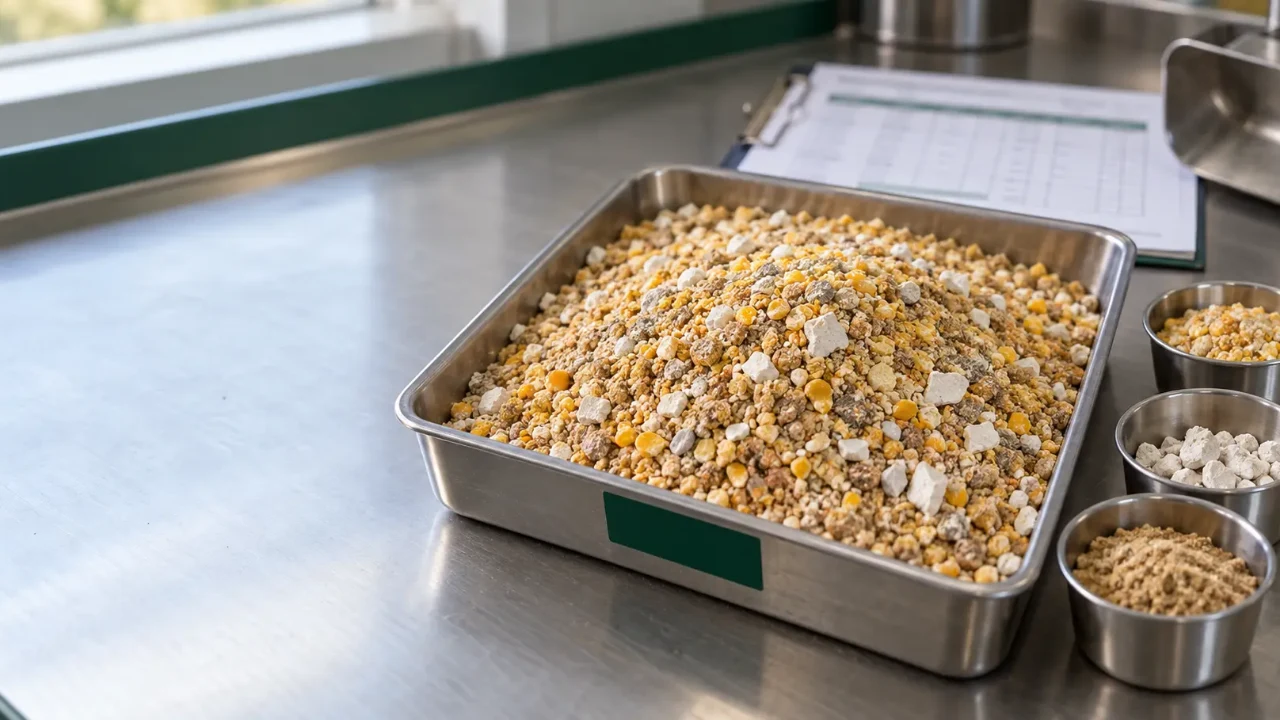 Amostra de ração farelada de postura com partículas de calcário em bandeja de inox de laboratório de fábrica