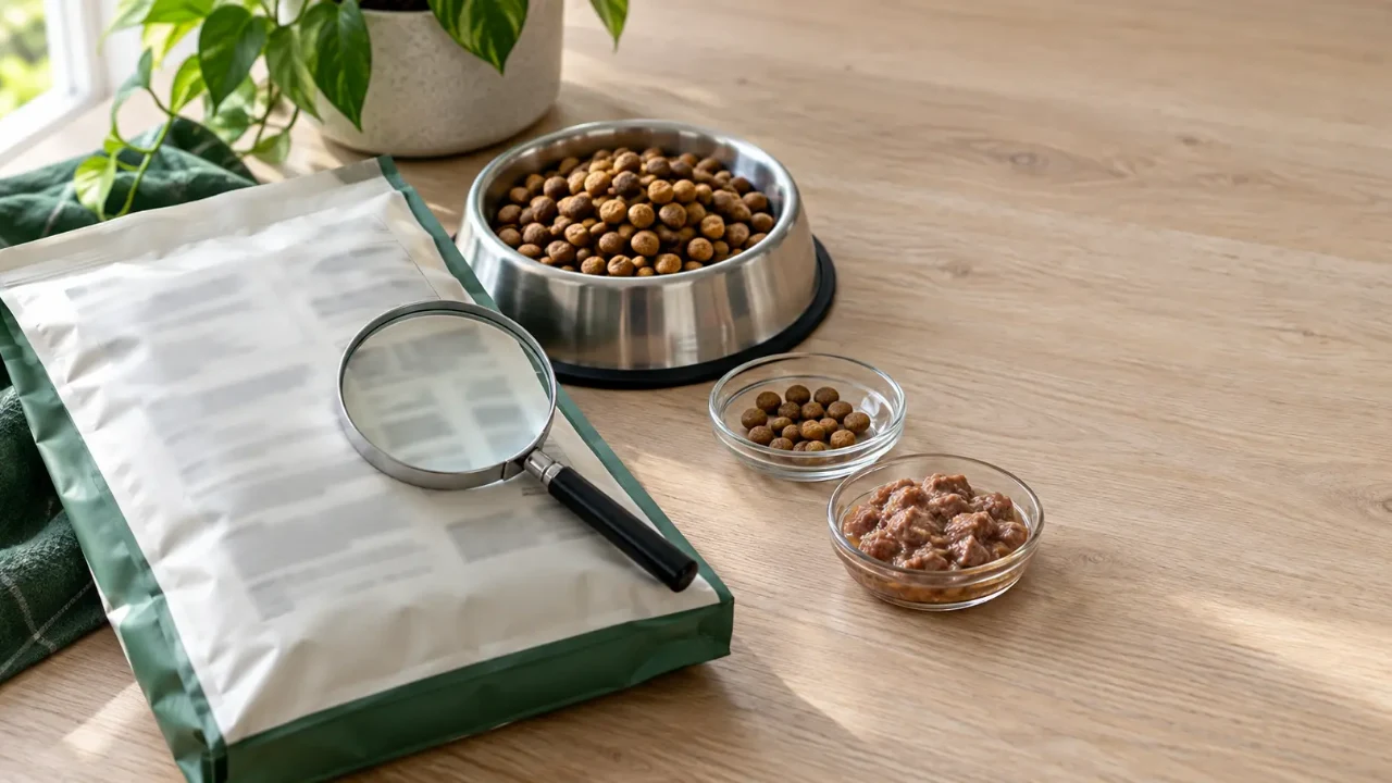 Verso de embalagem de ração sem texto legível, tigela de ração seca, alimento úmido e lupa sobre a mesa