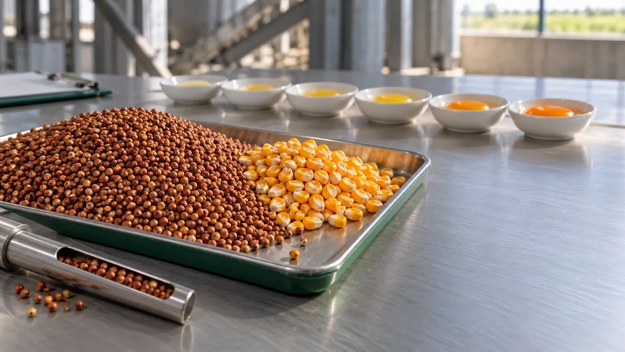 Grãos de sorgo e milho em bandeja de amostragem, com gemas de ovo em tons do amarelo-claro ao alaranjado ao fundo