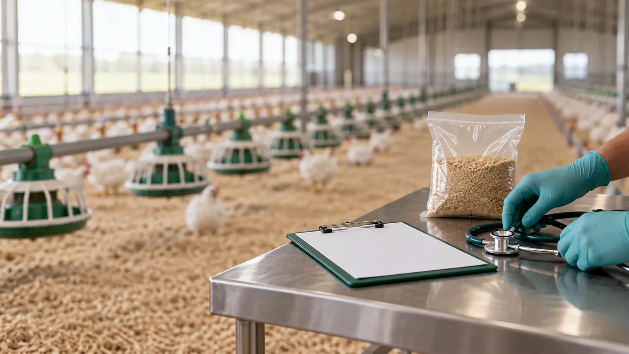 Mãos com luvas seguram estetoscópio sobre bancada; ao fundo, galpão de produção animal com comedouros automáticos